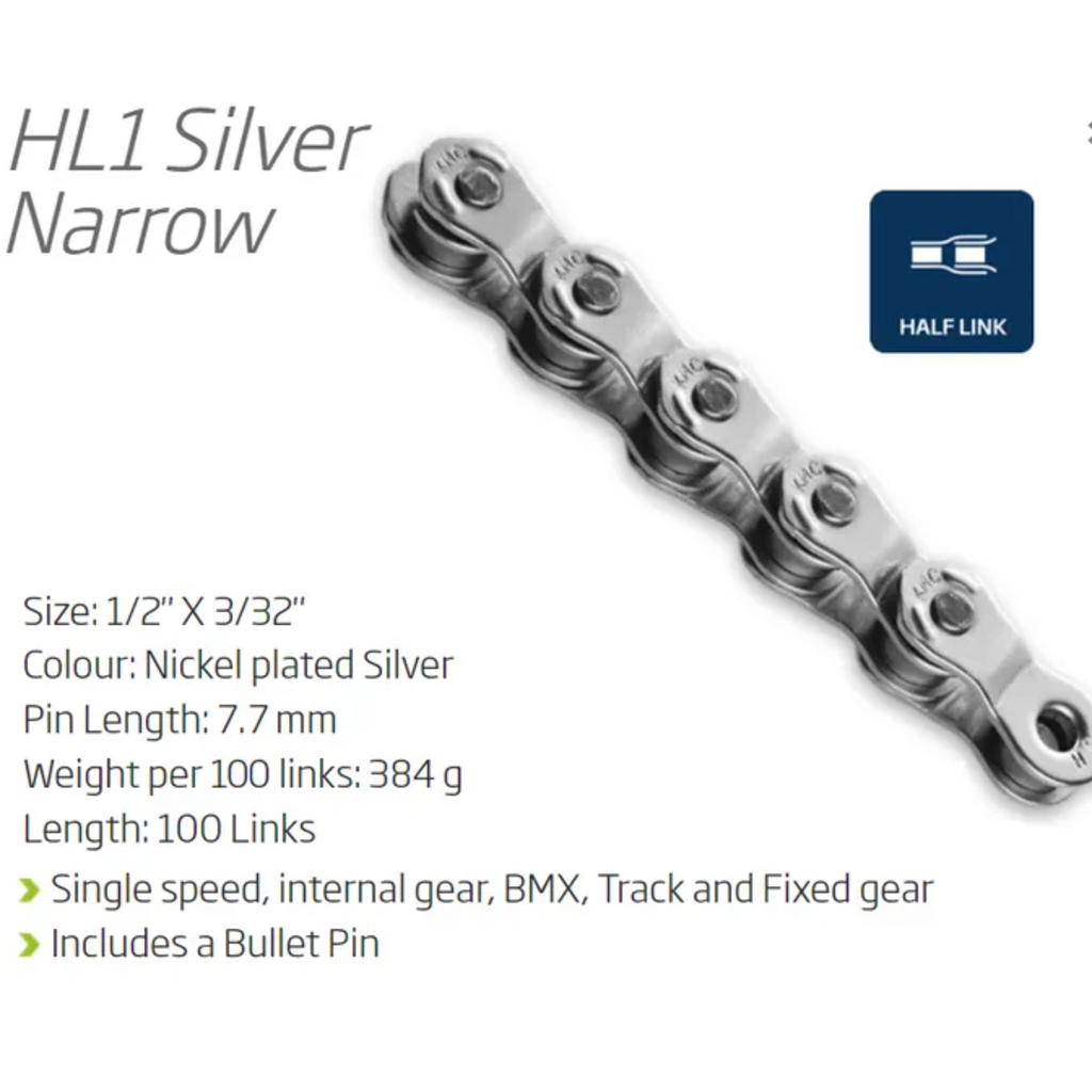 CHAIN  Single Speed KMC HL1 Narrow  100L - SILVER - w/Connect Pin - (Half Link Chain)