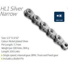 CHAIN  Single Speed KMC HL1 Narrow  100L - SILVER - w/Connect Pin - (Half Link Chain)