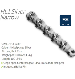 CHAIN  Single Speed KMC HL1 Narrow  100L - SILVER - w/Connect Pin - (Half Link Chain)