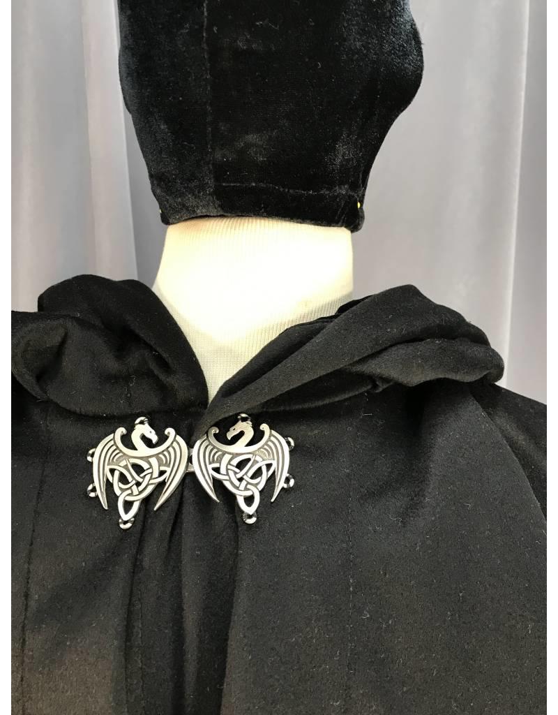 Cloakmakers.com 3912 - Black Cloak w/mantle, Black Velvet Hood Lining, Pewter Celtic Dragon Clasp