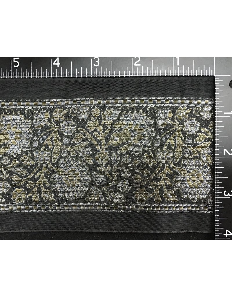 Cloakmakers.com Wide Detailed Floral Ribbon Trim, Wide - Gold and Silver on Black