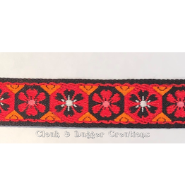 Cloak and Dagger Creations Early Period Woven Flower Trim, Red/Orange on Black