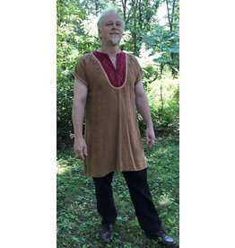 Cloak and Dagger Creations J635 - Mustard Brown Short Sleeve Tunic, Pale Trim, Red Yoke w/Gold Viking Dragon Embroidery