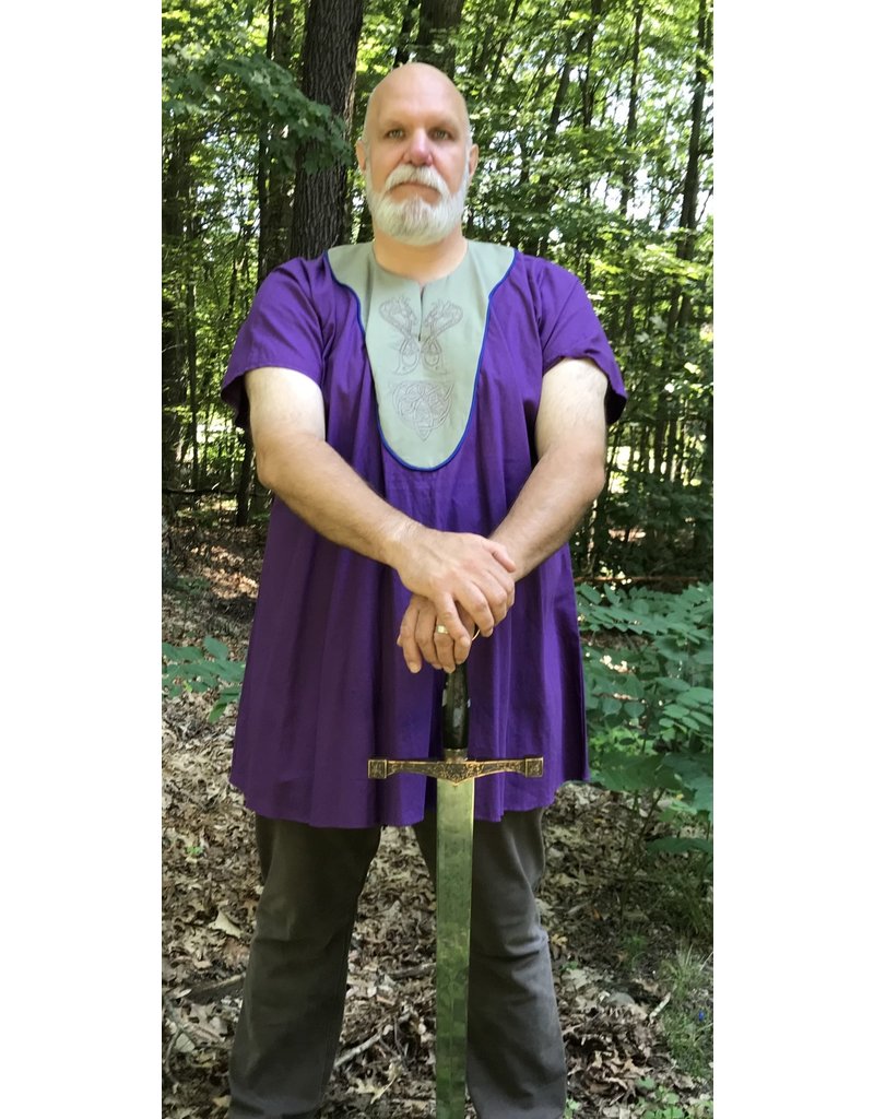 Cloak and Dagger Creations J642 - Purple Cotton/Linen short sleeve tunic, Grey Yoke Blue Trim, Viking Dragon Celtic Knot