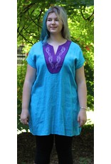 Cloakmakers.com J643 - Turquoise Blue Linen Tunic , Deep Blue Trim, Purple Yoke w/Viking Dragon Embroidery