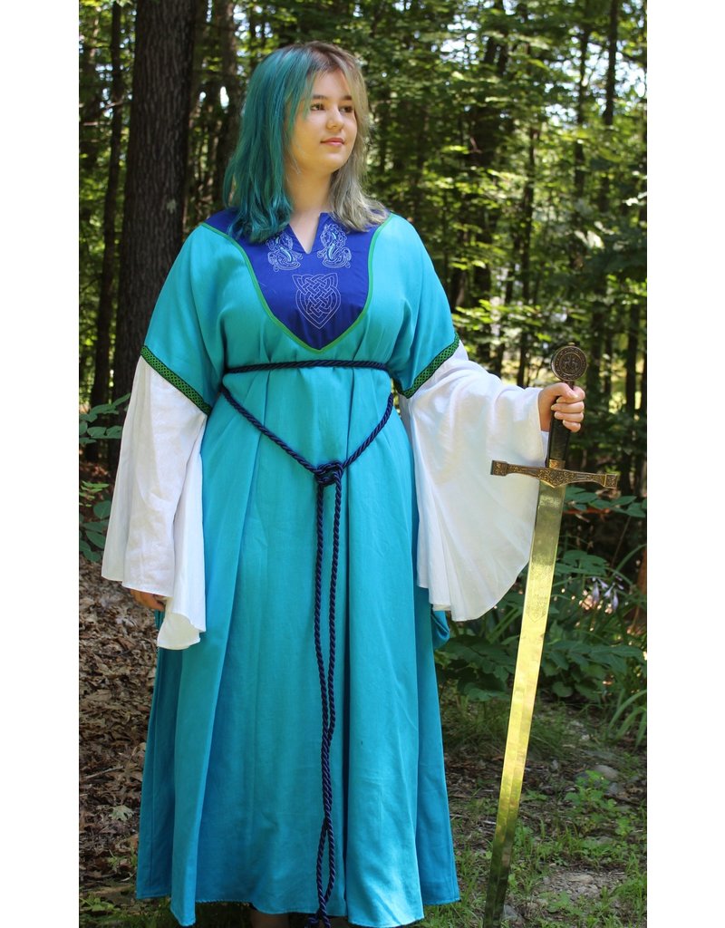 Cloakmakers.com G1044 - Turquoise Blue Gown w/Pockets, Blue Yoke w/Sea Dragon & Celtic Knot Embroidery, Green Trim