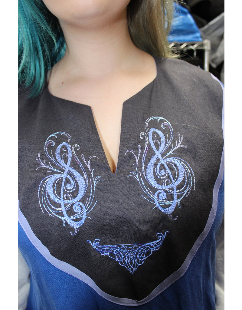 Cloakmakers.com G1080 - Royal Blue Linen Gown, Black Yoke, Musical Note & Curly Web Embroidery, Lilac Trim, White Sleeves