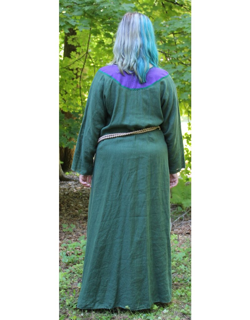 Cloakmakers.com G1084 - Pine Green Long Sleeve Linen Gown, Purple Yoke w/Variagated Knot Embroidery, Green Trim