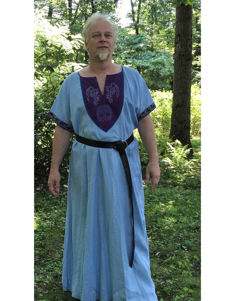 Cloak and Dagger Creations G1095 - Pale Blue Short Sleeve Linen Gown, Purple Yoke w/Winged Dragon & Tree of Life Embroidery, Navy Blue Edging