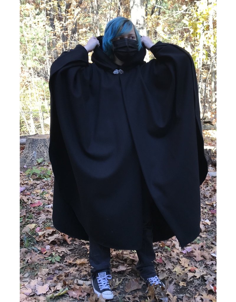 Cloak and Dagger Creations 4473 - Black Wool Ruana-Style Full Circle Cloak, Black Velvet Hood LIning, Pewter Vale-type Clasp