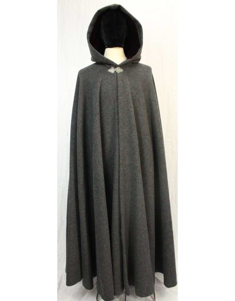 Cloak and Dagger Creations 4584 - Long Grey Woolen Cloak, Burgundy Hood Lining