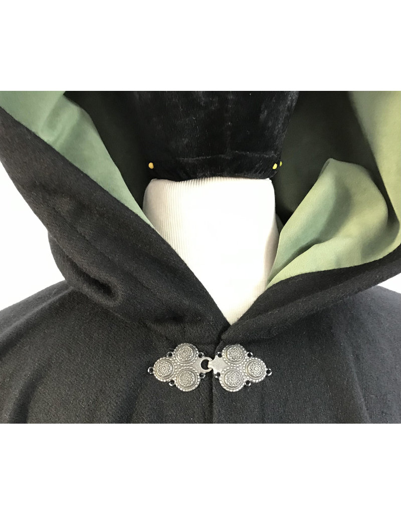 Cloak and Dagger Creations 4576 - LONG Washable Black Wool  Cloak, Green Hood Lining