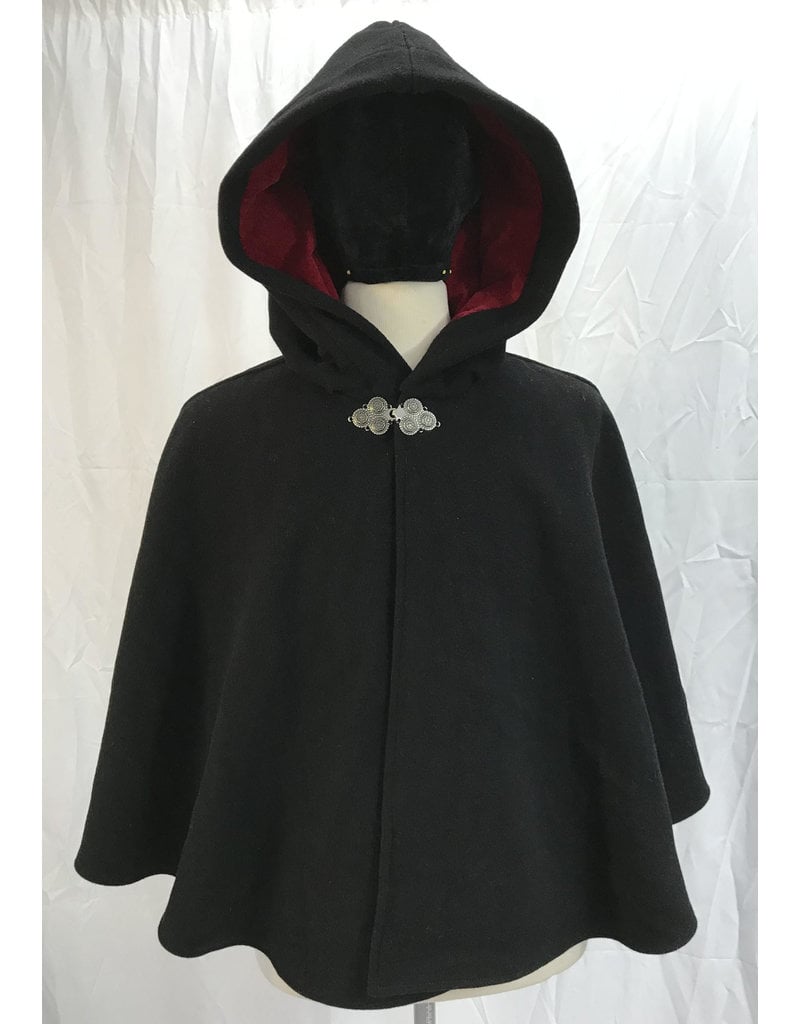 Cloak and Dagger Creations 4603 - Black Washable Wool Short Cloak w/Pockets, Red Hood Lining, Pewter Clasp