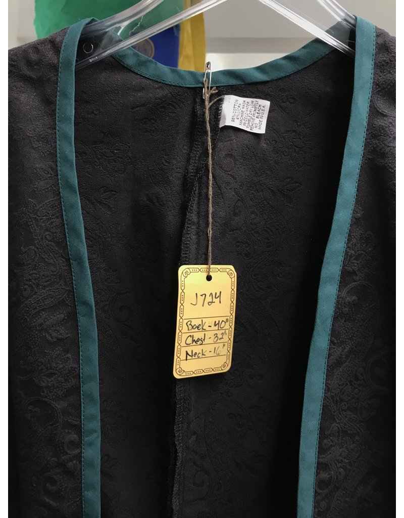 Cloak and Dagger Creations J724 - Black Cotton Brocade Long Vest w/ Back & Side Slits, Teal trim