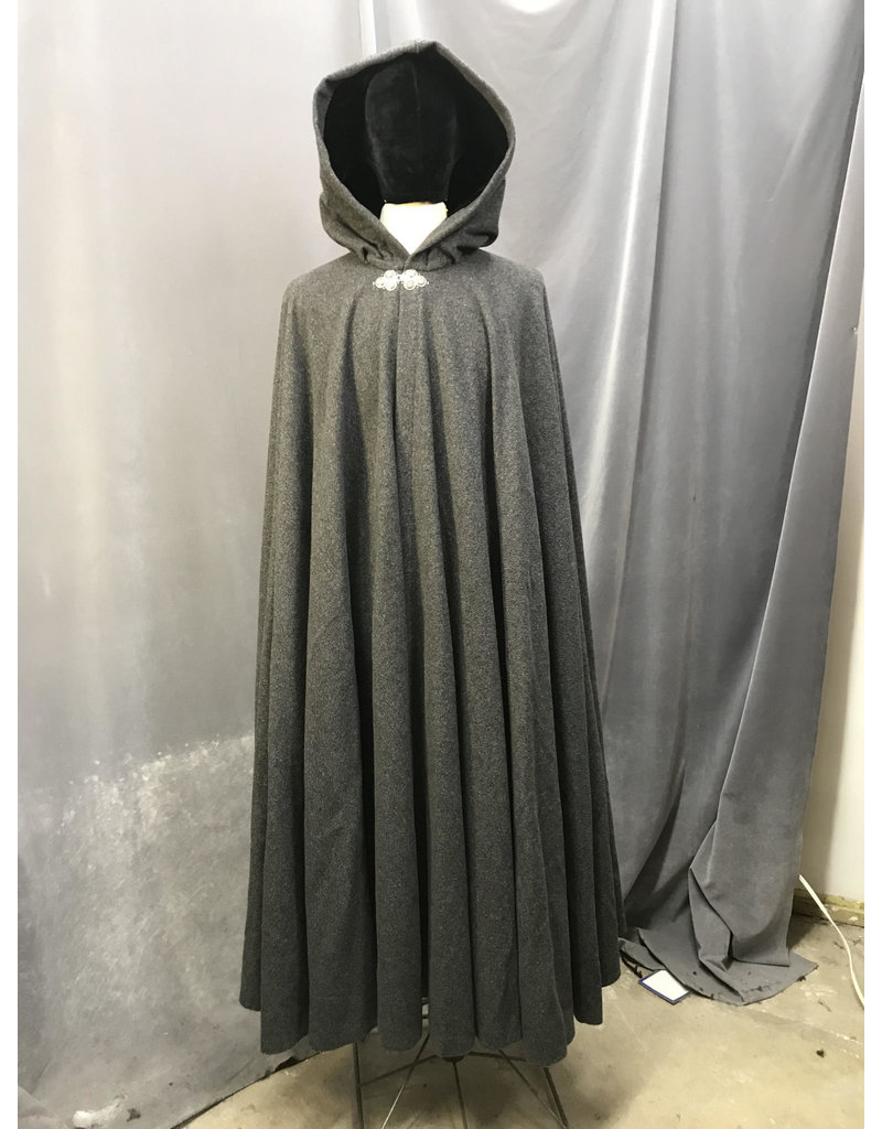 Cloak and Dagger Creations 4619 - Grey Woolen Twill  Hooded Cloak, Black Hood Lining