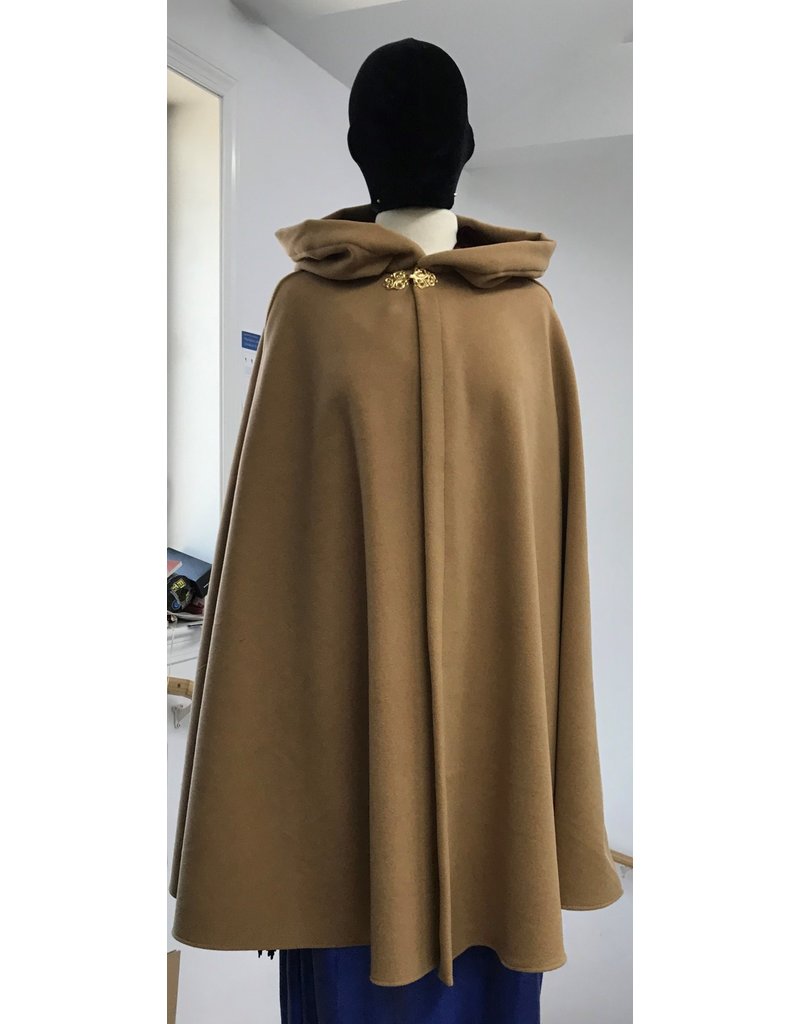 4637 - Golden Tan Wool Hooded Cloak, Gold Clasp, Small Size