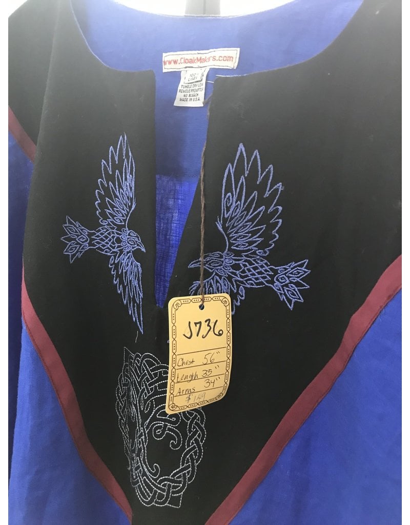 Cloak and Dagger Creations J736 - Blue Linen Tunic, Black Yoke w/Raven & Tree of Life