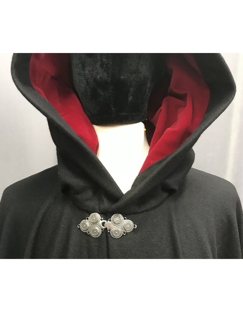 Cloakmakers.com 4641 - Black Woolen Hooded Cloak, Full Circle w/Red Hood Lining, Pewter Clasp