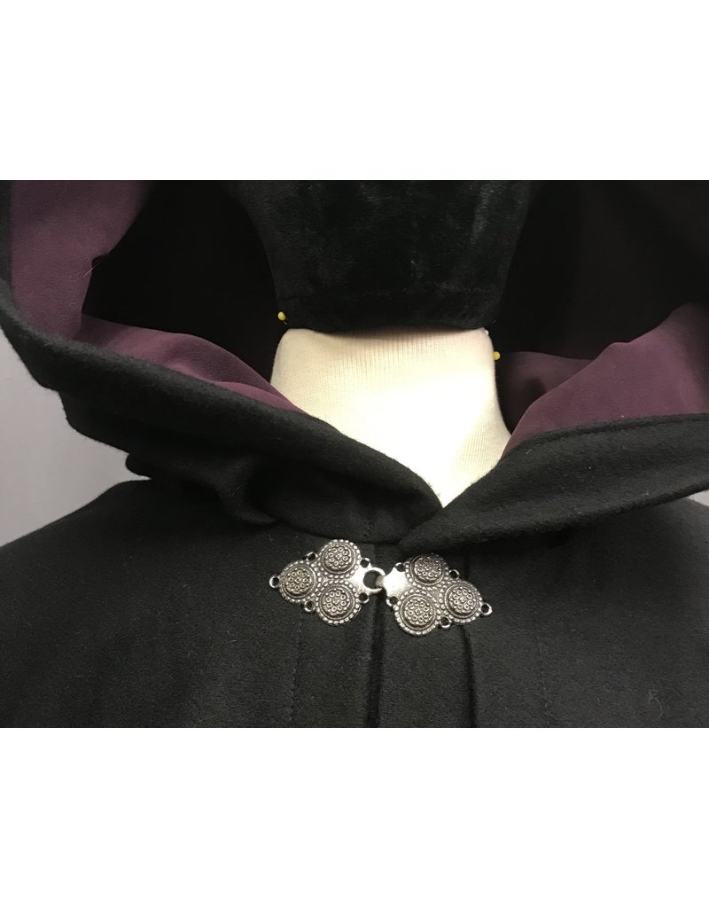 Cloak and Dagger Creations 4640 - Black Wool Mantled Cloak, Plum Hood Lining, Pewter Clasp