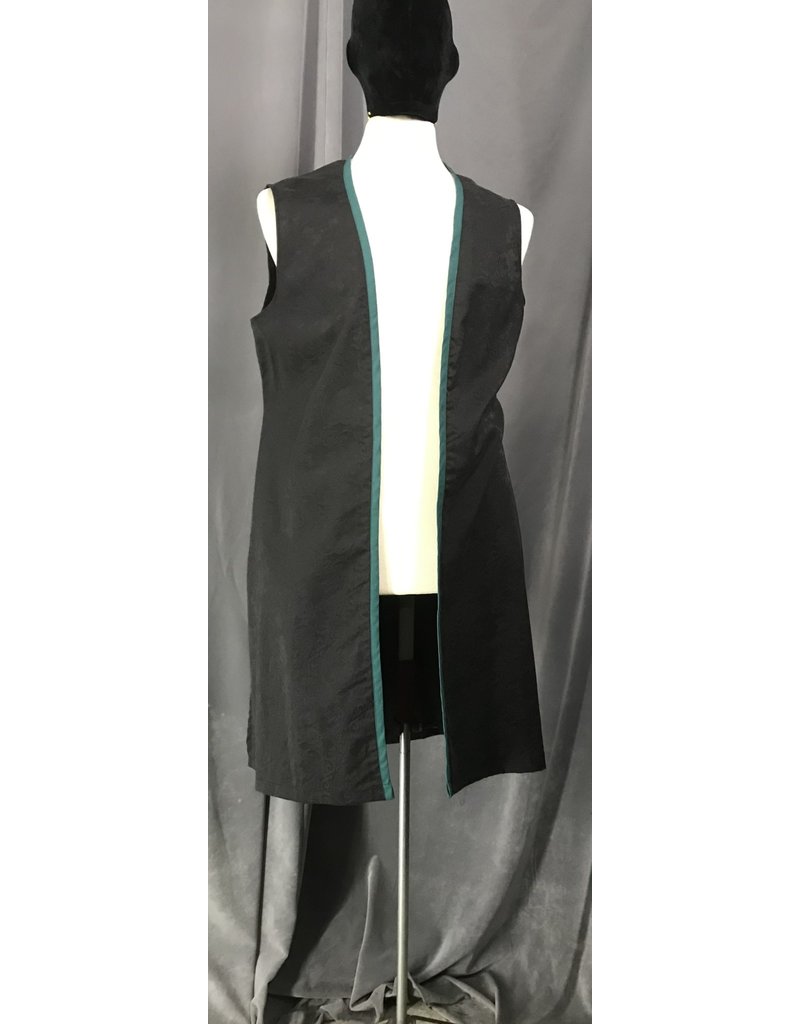 Cloak and Dagger Creations J724 - Black Cotton Brocade Long Vest w/ Back & Side Slits, Teal trim