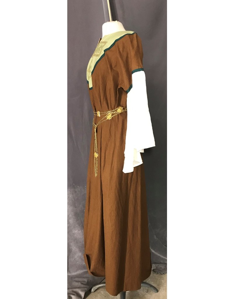 Cloak and Dagger Creations G1043 - Brown Gown w/White Sleeves, Pockets, Pine Green Trim, Pale Green Yoke w/Embroidery Acorns in Celtic Knot Frames