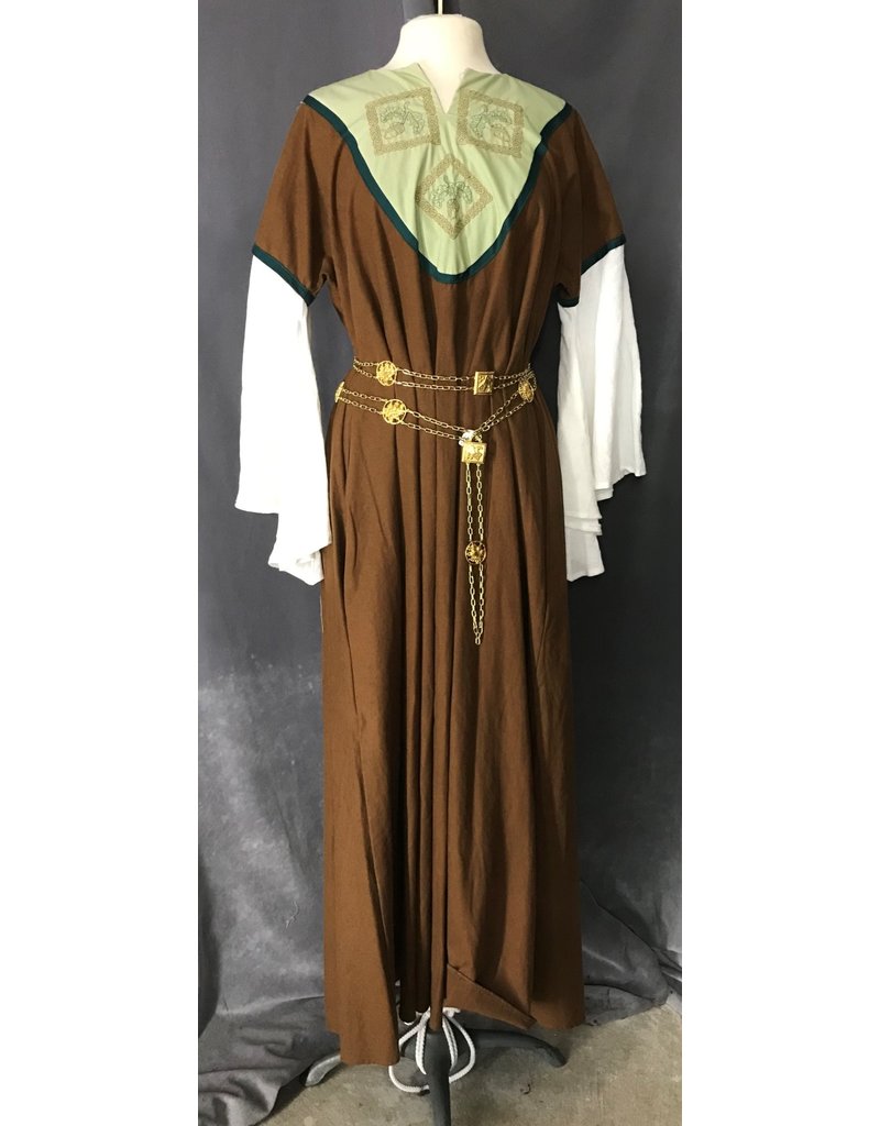 Cloak and Dagger Creations G1043 - Brown Gown w/White Sleeves, Pockets, Pine Green Trim, Pale Green Yoke w/Embroidery Acorns in Celtic Knot Frames