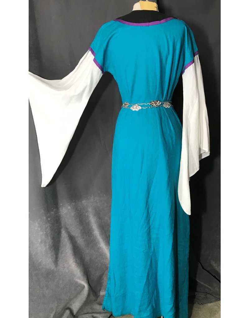 Cloak and Dagger Creations G1081 - Turquoise Linen Gown w/ White Sleeves,Amathyst Purple Trim Gown, Black Yoke, Rampant Wolf & Square Celtic Knot Embroidery,