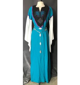 Cloakmakers.com G1081-Turquoise Linen Gown w/ White Sleeves, Black Yoke, Wolf Embroidery