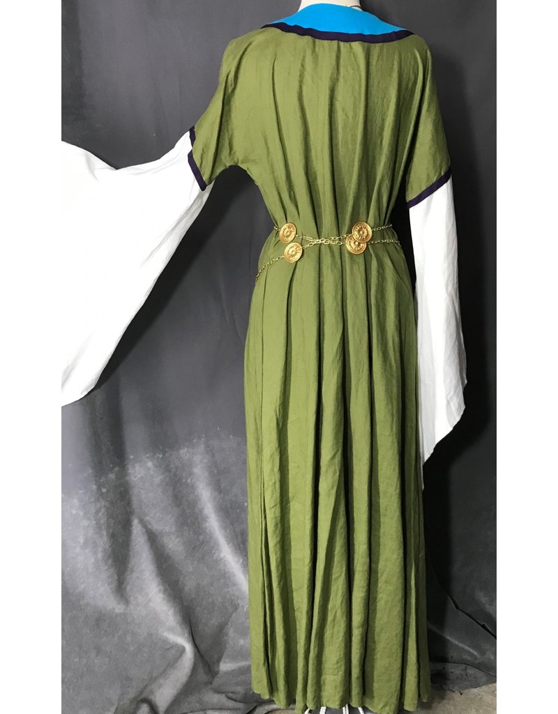 Cloak and Dagger Creations G1085 - Avocado Green Linen Gown w/ White Sleeves, Turquoise Blue Yoke, Dragons & Tree of Life Knot Embroidery, Purple Trim
