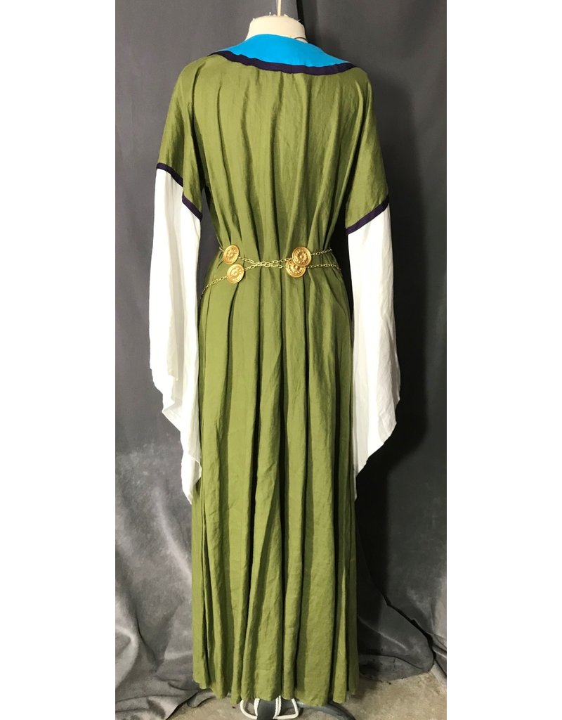 Cloak and Dagger Creations G1085 - Avocado Green Linen Gown w/ White Sleeves, Turquoise Blue Yoke, Dragons & Tree of Life Knot Embroidery, Purple Trim