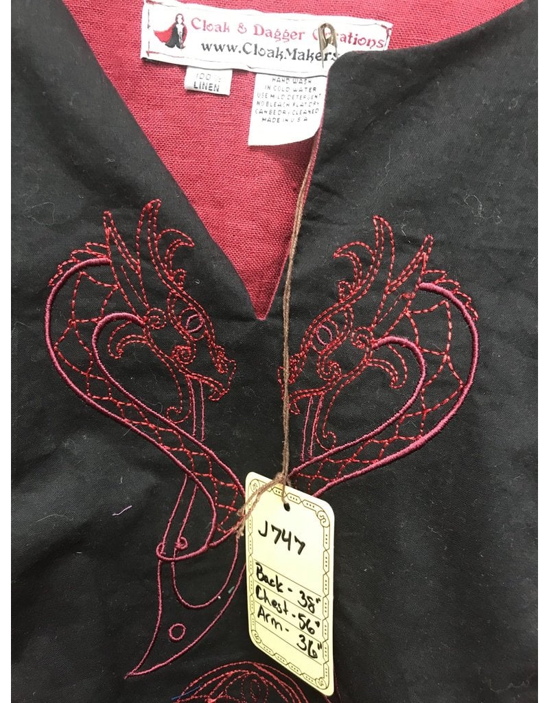 Cloak and Dagger Creations J747 - Dark Red Linen Long-Sleeved Tunic w/ Water Dragon Embroidery on Black Yoke