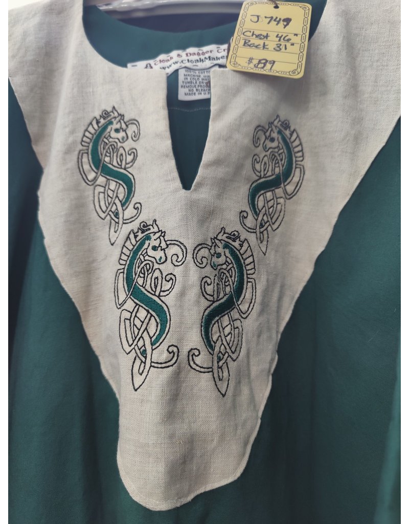 Cloak and Dagger Creations J749 - Dark Green Cotton Tunic w/Celtic Horse Embroidery, Braid Trim