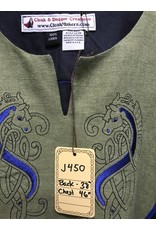 Cloak and Dagger Creations J750 - Navy Short Sleeve  Linen Tunic  w/ Celtic Horse Head  & Knot Embroidery on Green