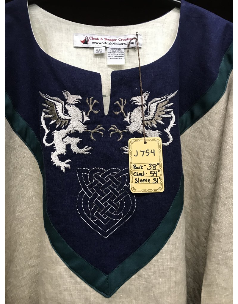 Cloak and Dagger Creations J754 - Tan Linen Long Sleeve Tunic w/ Griffons Rampant & Celtic Knot Embroidery on Dark Navy