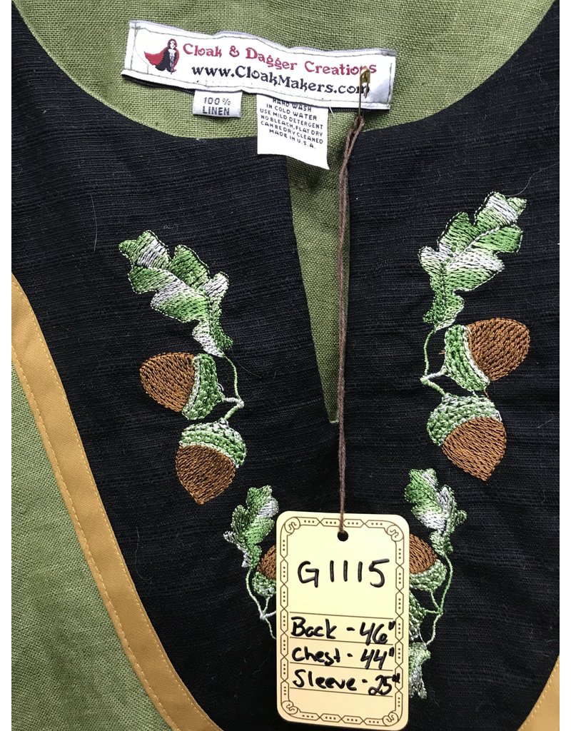 Cloak and Dagger Creations G1115 -  Olive Green Gown w/Pockets, Dropped Sleeves, and Oak&Acorn Embroidery on Black