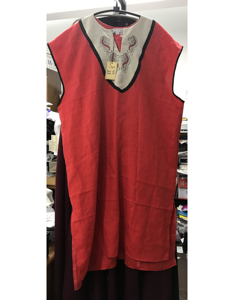 Cloak and Dagger Creations J762 - Red Linen Sleeveless Tunic w/Celtic Dragon Embroidery on Tan Linen Collar