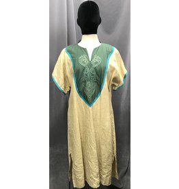 Cloak and Dagger Creations J639 - Cream Linen Tunic w/Blue Trim, Green Cotton Yoke, Viking Dragon Embroidery