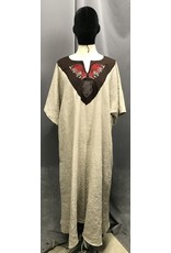 Cloak and Dagger Creations G1118 - Natural Tan Linen Short Sleeve Gown, Red Ravens and Heart Knot Embroidery on Brown Collar, Pockets