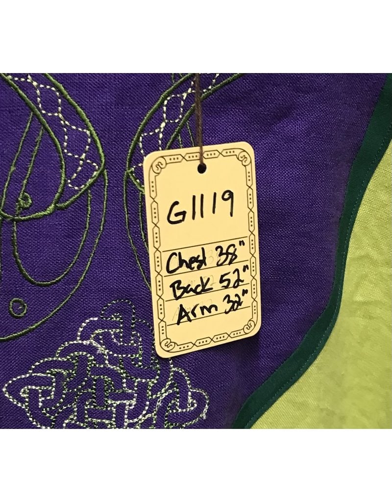 Cloak and Dagger Creations G1119 - Green Linen Gown w/White Sleeves, Viking Seahorse and Celtic Knot Embroidery on Purple Collar,  Pockets