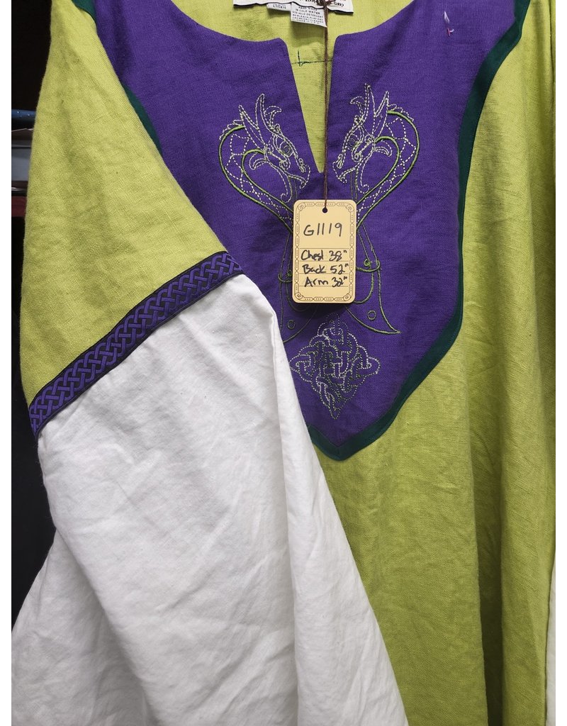 Cloak and Dagger Creations G1119 - Green Linen Gown w/White Sleeves, Viking Seahorse and Celtic Knot Embroidery on Purple Collar,  Pockets