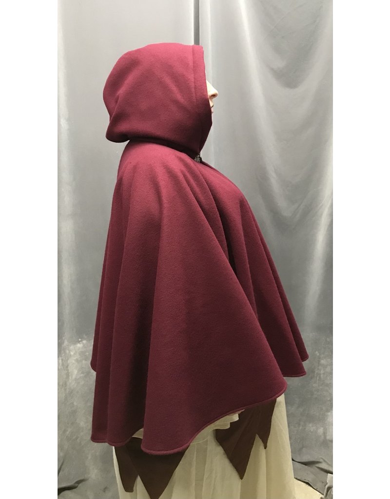 Cloak and Dagger Creations 4716  -  Cranberry Red  Wool Short Cloak, Maroon Hood Lining, Pewter Clasp
