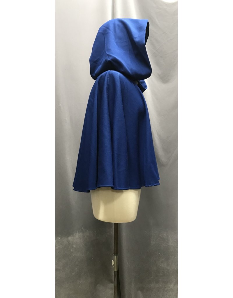 Cloakmakers.com 4687-  Washable Short Blue Woolen Shape Shoulder Cloak, Black Hood Lining, Pewter Clasp