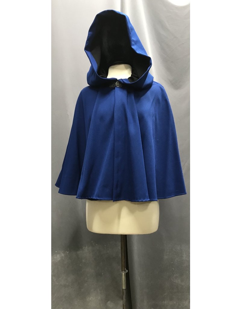 Cloakmakers.com 4687-  Washable Short Blue Woolen Shape Shoulder Cloak, Black Hood Lining, Pewter Clasp