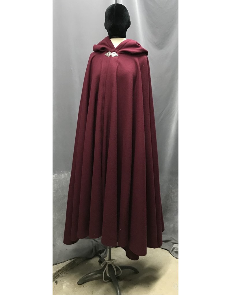 Cloak and Dagger Creations 4721 - Cranberry Red Wool Long Cloak, Black Hood Lining, Pewter Clasp