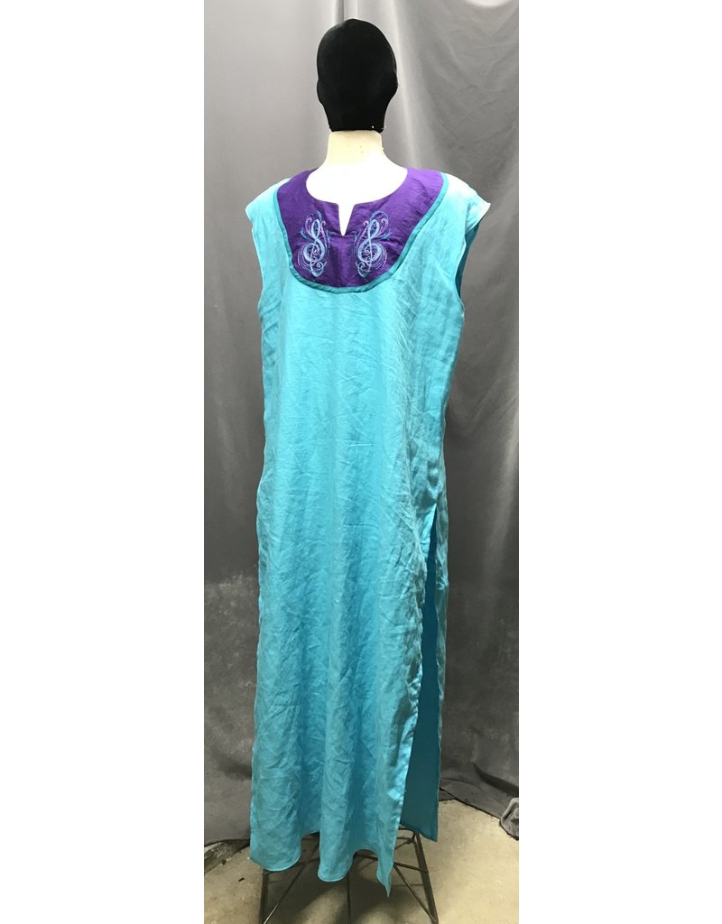 Cloak and Dagger Creations G1120 - Turquoise Linen Sleeveless Long Tunic w/ Side Slits, Musical Embroidery on Purple Yoke