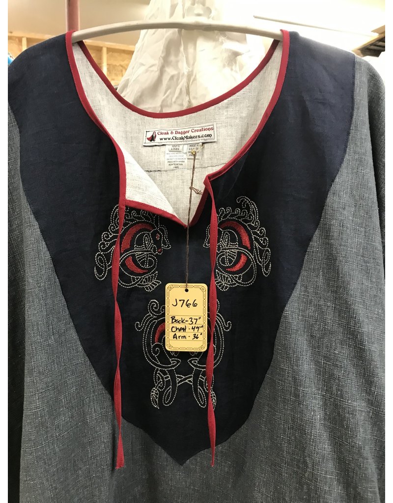 Cloakmakers.com J766 - Grey Linen Tunic, Celtic Seahorse Embroidery on Navy Blue Collar, Tie Neckline