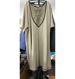 Cloakmakers.com J769 - Beige Linen Short Sleeve Tunic w/ Wyvern and Celtic Heart Knot Embroidery on Lt Brown Bib