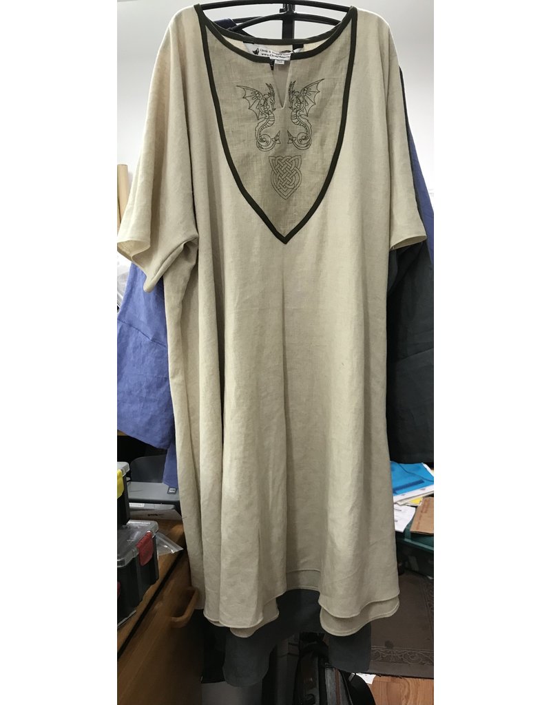J769 - Beige Linen Short Sleeve Tunic w/ Wyvern and Celtic Heart Knot  Embroidery on Lt Brown Bib - Cloak & Dagger Creations