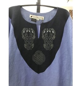 Cloakmakers.com J771 - Blue Linen Tunic w/Celtic Horse and Round Knot Embroidery on Navy Collar