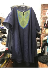 Cloakmakers.com J774 - Dark Blue Short Sleeve Tunic w/Celtic Horse and Round Knot Embroidery in Blues on Green Panel w/ Bright Blue Edging